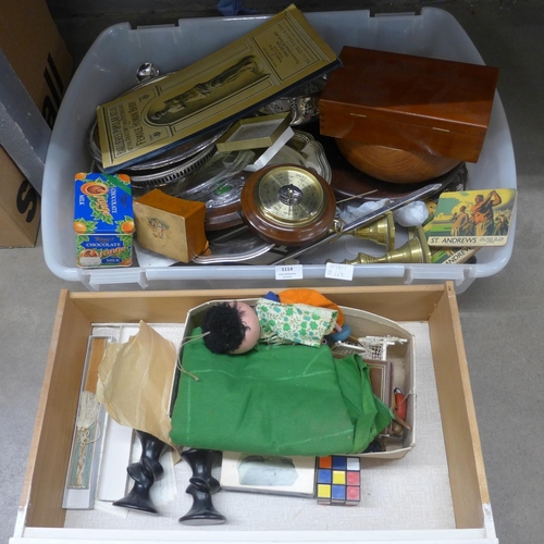 1114 - Assorted items; wooden items, plated ware, toys, brass candlesticks etc. **PLEASE NOTE THIS LOT IS N... 