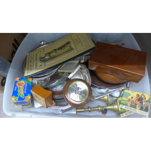 1114 - Assorted items; wooden items, plated ware, toys, brass candlesticks etc. **PLEASE NOTE THIS LOT IS N... 