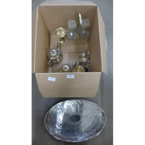 1117 - A box of silver plate, gallery tray, tea service, twin decanter set, etc. **PLEASE NOTE THIS LOT IS ... 