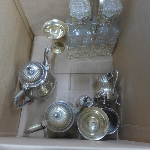 1117 - A box of silver plate, gallery tray, tea service, twin decanter set, etc. **PLEASE NOTE THIS LOT IS ... 