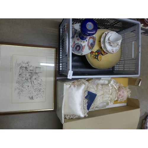 1120 - A Franklin Heirloom doll, boxed, five mining area plates, commemorative cup and saucer, a Pusser's R... 