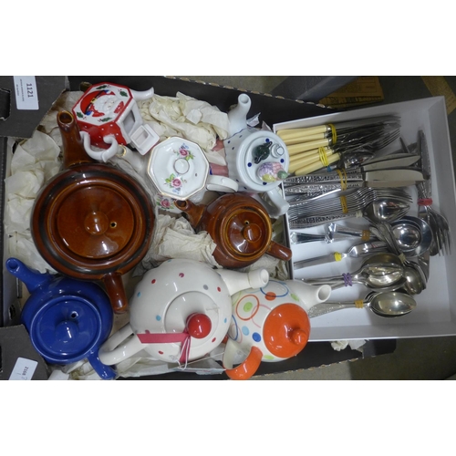 1121 - Eight teapots and a box of stainless steel and plated cutlery **PLEASE NOTE THIS LOT IS NOT ELIGIBLE... 