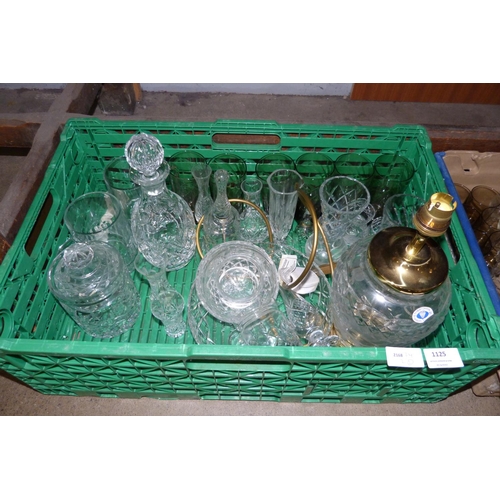 1125 - Two boxes of mixed crystal and glass, including a Tutbury crystal table lamp base, bowl and lidded p... 