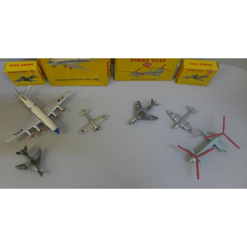 621 - Dinky Toys die-cast model aircraft; 706 Vickers Viscount, 715 Bristol 173 Helicopter, 734 Supermarin... 