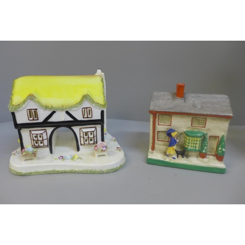 649 - A Coalport cottage, The Coaching Inn, one other cottage a/f, a Staffordshire flatback figure and a U... 