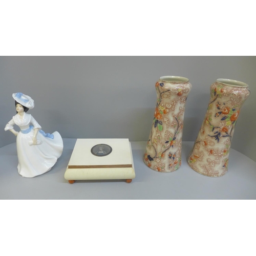 652 - A pair of Corona ware Chintz vases, a Royal Doulton figure, Margaret and an ivorine jewellery box