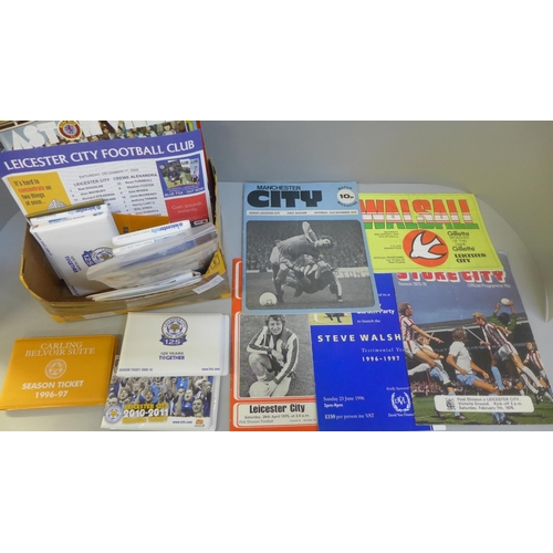 678 - Football memorabilia:- Leicester City home and away programmes, match tickets, season tickets, etc.