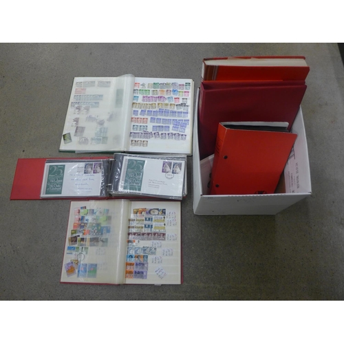 695 - Stamps:- a box of GB stamps and first day covers, etc., in albums