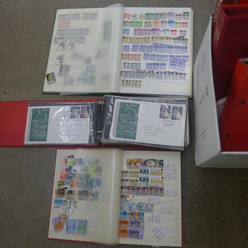 695 - Stamps:- a box of GB stamps and first day covers, etc., in albums