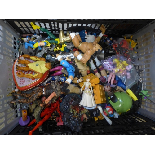 708 - Two boxes of plastic models, superheroes, Smurfs, toys, Action Man weapons, etc.