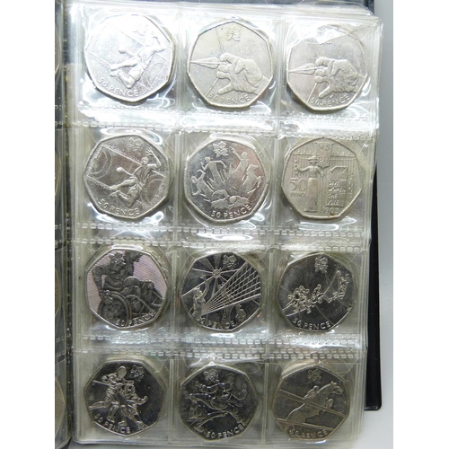 824 - A collection of commemorative 50p pieces and pound coins, including offside rule