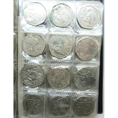 824 - A collection of commemorative 50p pieces and pound coins, including offside rule