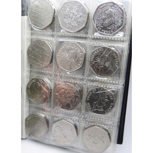 824 - A collection of commemorative 50p pieces and pound coins, including offside rule