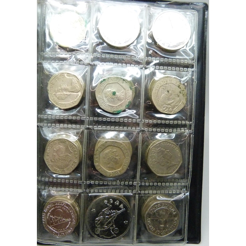 824 - A collection of commemorative 50p pieces and pound coins, including offside rule