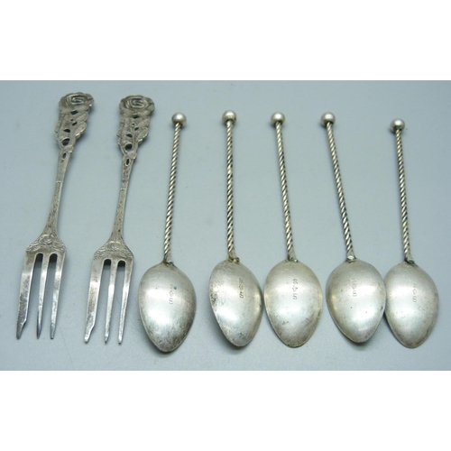 846 - Two German Jugendstill silver forks and five spoons