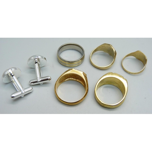 902 - Two 9ct gold signet rings, (one mark worn), a pair of cufflinks and three other rings, (9ct gold rin... 