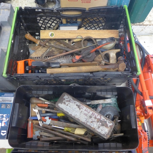 2009 - Raaco tool box with approx 60 mixed  garage and joinery tools: spanners, sockets, chisels, saws, scr... 