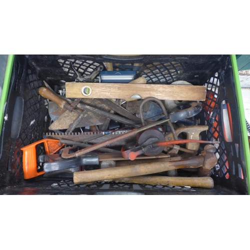 2009 - Raaco tool box with approx 60 mixed  garage and joinery tools: spanners, sockets, chisels, saws, scr... 