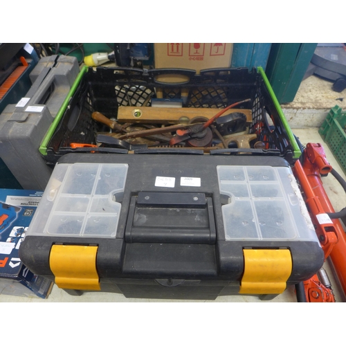 2009 - Raaco tool box with approx 60 mixed  garage and joinery tools: spanners, sockets, chisels, saws, scr... 