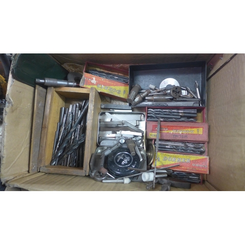 2022 - 3 Boxes of engineering/machine tooling items: Dormer drills, micrometers, expanding reamers, etc.