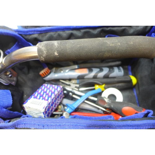 2034 - Tool bag and 2 sorting trays containing screws, nuts and bolts, 10mtr extension reel and other tools... 