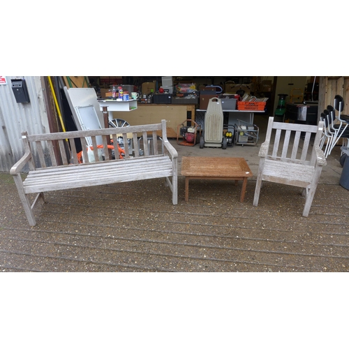 2444 - Hardwood, likely teak, full size garden bench and table and chair