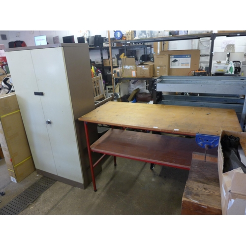 2460 - Workbench with fitted Record N175 joiner's vice and tall engineer's tool cabinet