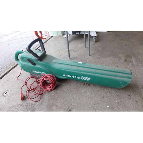 2467 - Large hose and reel, Qualcast Turbo vac 1100 garden vacuum and Flymo strimmer