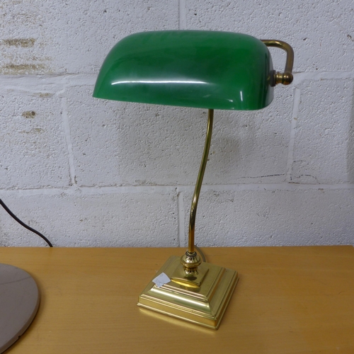 2490 - Wooden computer desk and office swivel chair, green glass and brass-effect Bankers' lamp, spot light