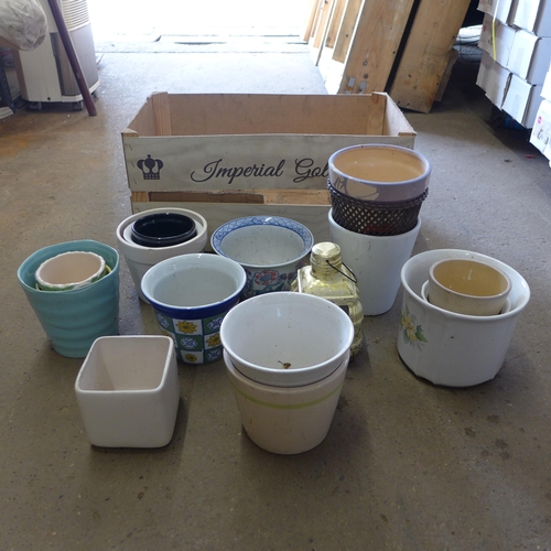 2498 - Crate of mixed glazed coloured plant pots and planters