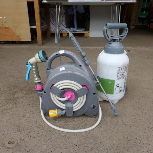 2502 - Water hose and 5ltr pump garden sprayer