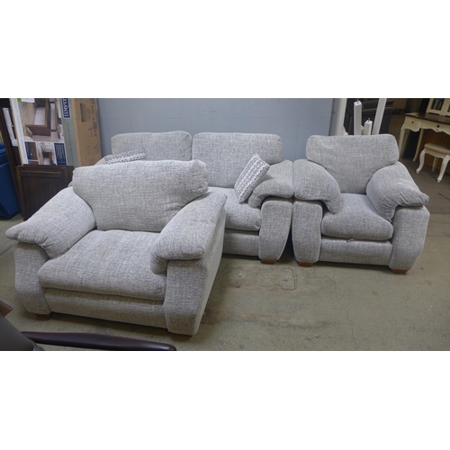 1435 - A Whisper white granite upholstered three seater sofa and love seat plus matching armchair (slight d... 