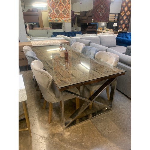 1439 - A Chennai 220cm glass top dining table with a set of six Arlo chairs (four taupe, two grey)