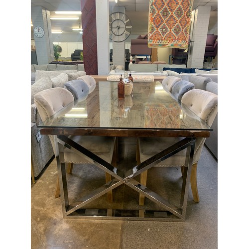 1439 - A Chennai 220cm glass top dining table with a set of six Arlo chairs (four taupe, two grey)