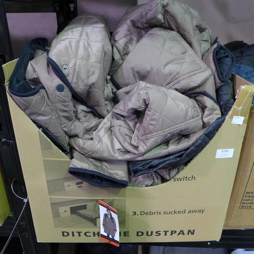 3336 - Quantity of women's coats, jackets and body warmers, assortment of sizes, styles, etc. * this lot is... 