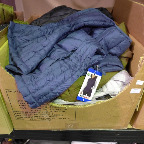 3337 - Quantity of women's coats, jackets and body warmers, assortment of sizes, styles, etc. * this lot is... 