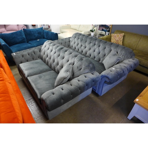 1372 - A Bordeaux 4-seater button back 'steel' velvet sofa - damaged and a Bordeaux 2-seater velvet button ... 