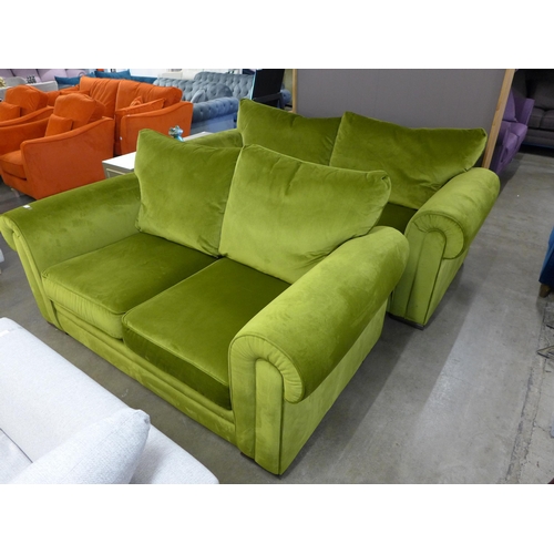 1374 - A moss green velvet four and 2.5 seater sofa