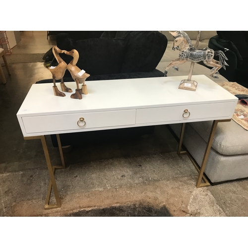 1418 - A white two drawer console table with gold legs