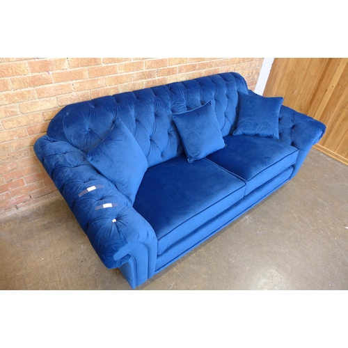 1494 - Bordeaux three Seater Navy Velvet sofa  , Original RRP - £808.33 + VAT(4163-12)(W- 120cm D- 85cm H- ... 