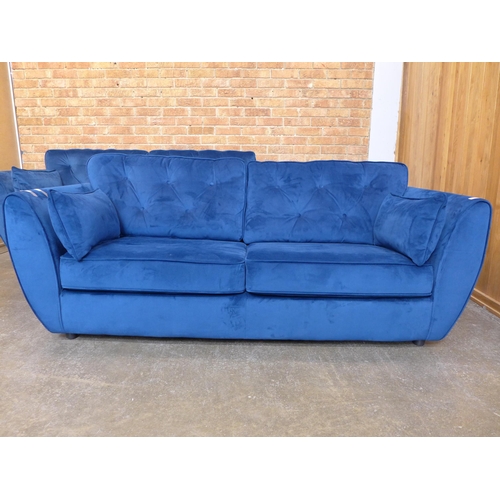 1499 - A pair of blue velvet three seater sofas (W- 188cm D- 80cm H- 90cm)