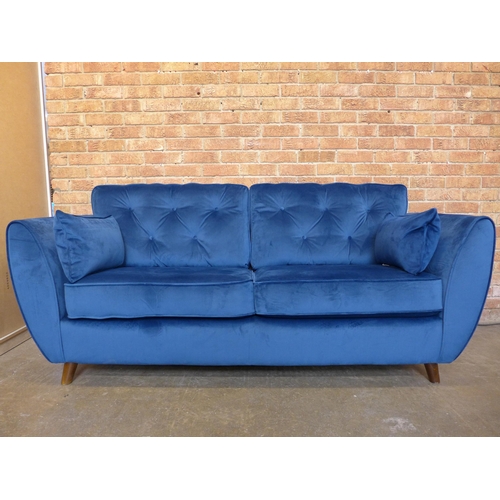 1499 - A pair of blue velvet three seater sofas (W- 188cm D- 80cm H- 90cm)