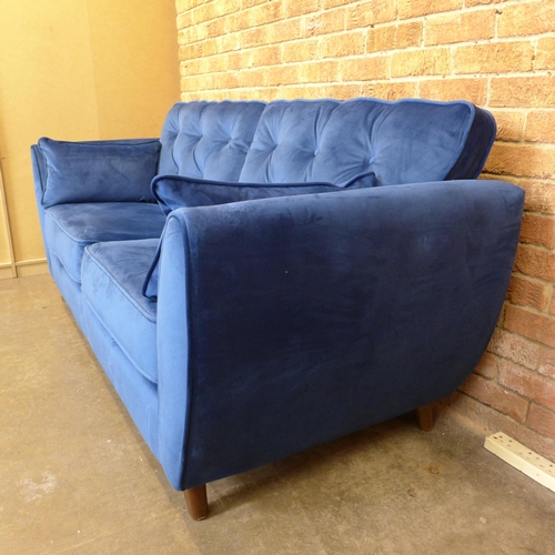 1499 - A pair of blue velvet three seater sofas (W- 188cm D- 80cm H- 90cm)