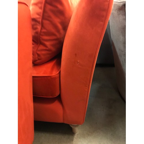 1305 - A tangerine velvet four seater sofa with a pair of armchairs - small tear on sofa