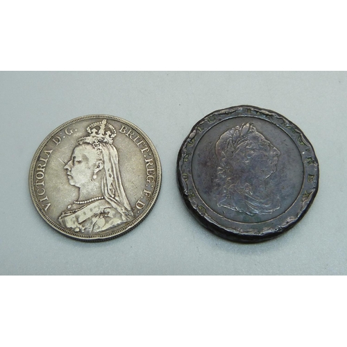 1007 - A George III 1797 cartwheel penny and an 1889 crown