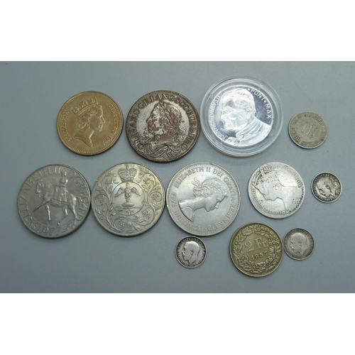 1010 - Assorted silver and other coins including Gothic head florin and one replica coin