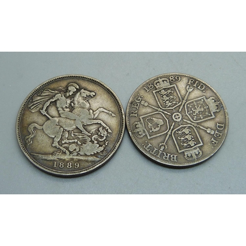 1013 - A Victorian crown and double florin, both 1889