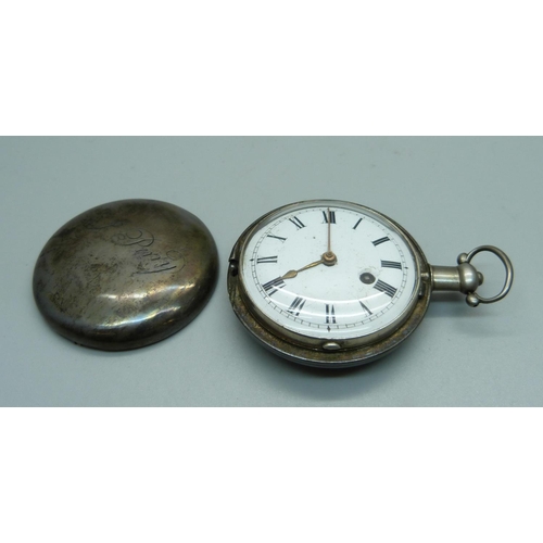 1020 - A silver full hunter verge pocket watch by Richard Ganthony, Lombard Street, London, the case hallma... 