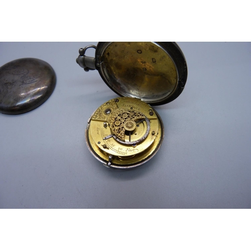 1020 - A silver full hunter verge pocket watch by Richard Ganthony, Lombard Street, London, the case hallma... 