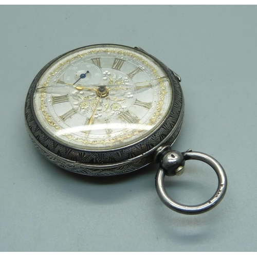 1023 - A late Victorian 935 silver cased pocket watch with silver dial, glass cracked